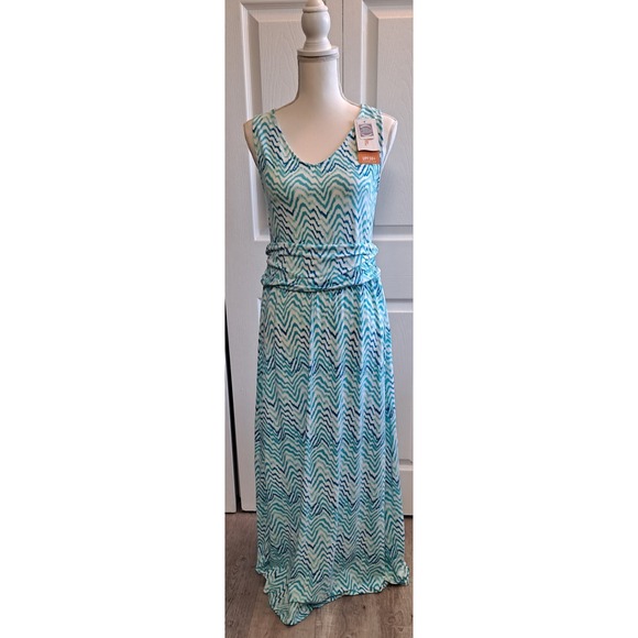 UV Skinz Ocean Wave V-Neck Sleeveless Maxi Dress Size LARGE  Blue Ruched NEW - Picture 1 of 7